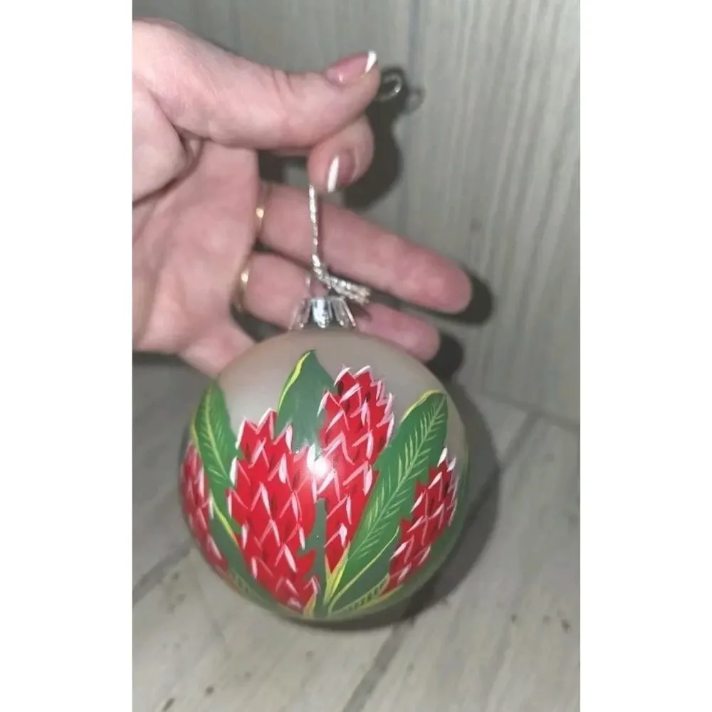Vintage Hawaiian Native Flower Handpainted Christmas Ornaments Bulbs Set Of 2